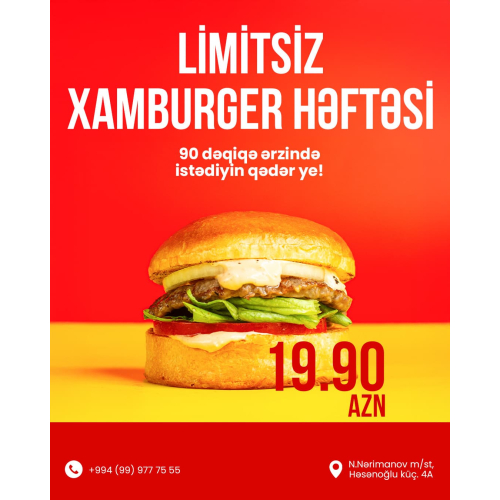 Restoran dizayn siafarişi, post dizayn, hamburger post dizaynı, sosial media postu, cəlbedici postlar