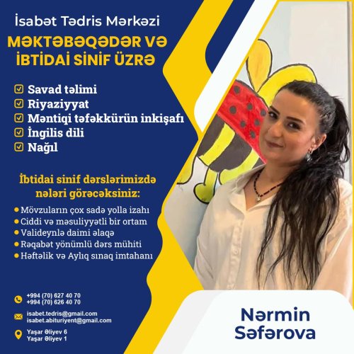 Nərmin Səfərova, ibtidai sinif hazırlıq elanları, təhsil dizaynları, məktəbəqədər hazırlıq kursları üçün reklamlar