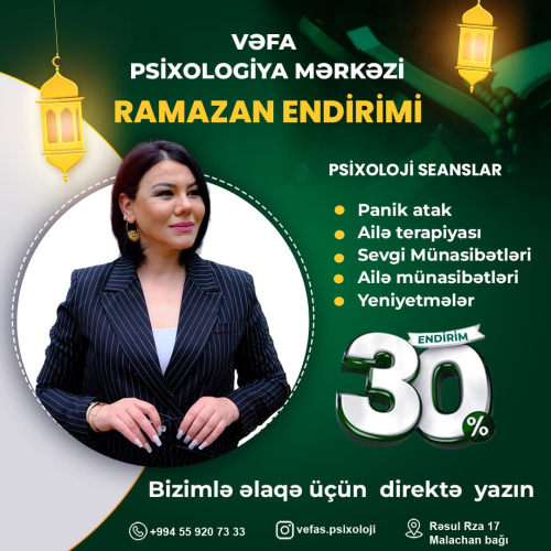 Psixoloqlar üçün post dizayn, Ramazan bayramına özəl endirim paketi reklamı, Vəfa Psixologiya Mərkəzi